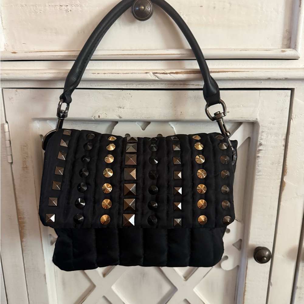 Think Royln Studded Black Nylon Crossbody/Shoulder Bag- 3 Straps